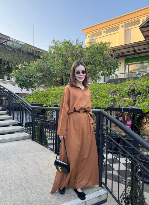 Women Collar Down Casual Shirts With Skirts and Belt Sets
